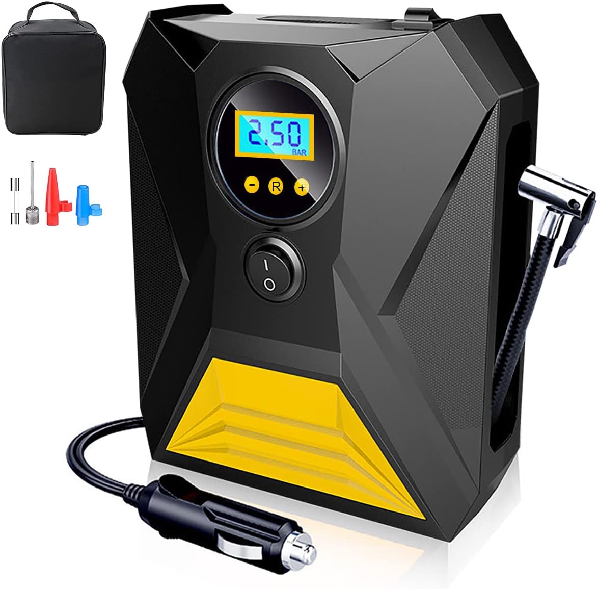 E-SMARTERCar Tyre Inflator Air Compressor, Protable Car Tyre Pump 12V/ 120W/ 150 PSI/ 10.5 Bar, Digital Tyre Inflator with 3 Nozzle Adaptors, LED Light, Suitable for Car, Bicycle, Motorcycle, Ball