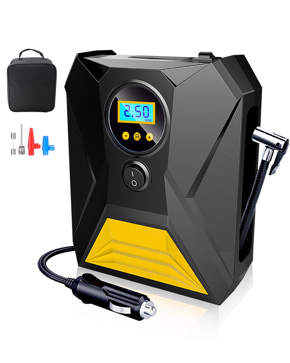E-SMARTERCar Tyre Inflator Air Compressor, Protable Car Tyre Pump 12V/ 120W/ 150 PSI/ 10.5 Bar, Digital Tyre Inflator with 3 Nozzle Adaptors, LED Light, Suitable for Car, Bicycle, Motorcycle, Ball