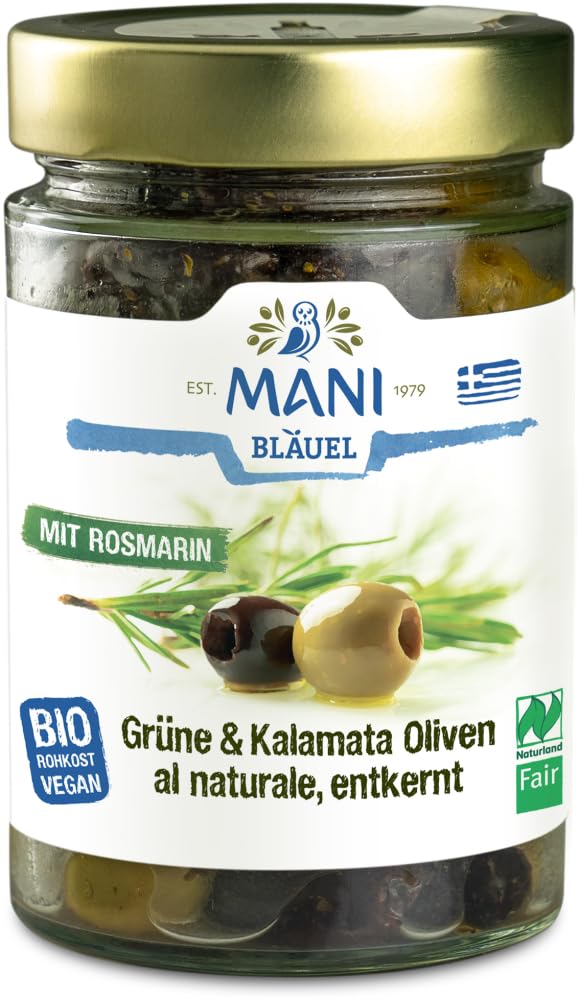 MANI Grüne & Kalamata Oliven al naturale mit Rosma 12 x 175 g