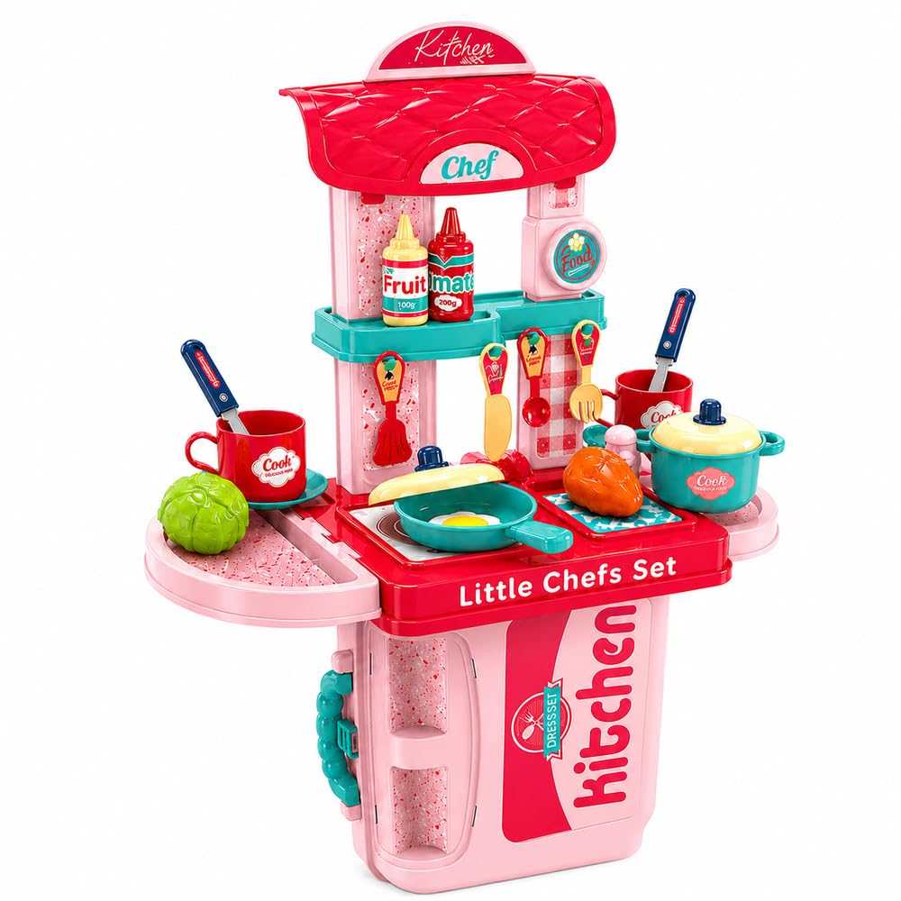 Little Chef 3-in-1 Kitchen Playset for Kids | 19 Pcs Pretend Play Kitchen Set in Portable Suitcase | Cook, Pretend & Enjoy Toy Kitchen with Pots, Pans & Accessories | Girls & Boys (3+ Years)-image-38