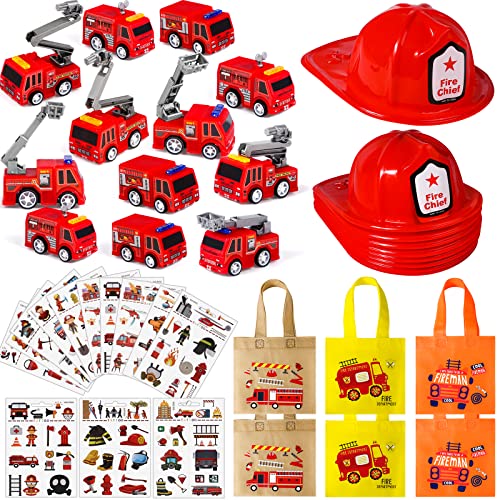 Tacobear 48 Pièces Jouet Pompier Enfant Fête Anniversaire Pompier Accessoires Casque Pompier Camion Pompier Petite Voiture Sacs de Fête Tatouages ​​​​Temporaires Cadeau Pompier pour Garçons Filles
