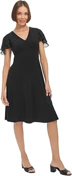 Tommy Hilfiger Women's Chiffon Flutter Sleeve V-Neck Knee Length Dress