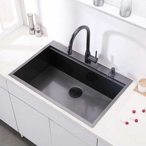 Miniatura 6 de VAPSINT Fregadero de cocina negro de 28 pulgadas, 28 x 18 pulgadas, calibre 16, acero inoxidable, cuenco individual negro plomizo, fregadero de