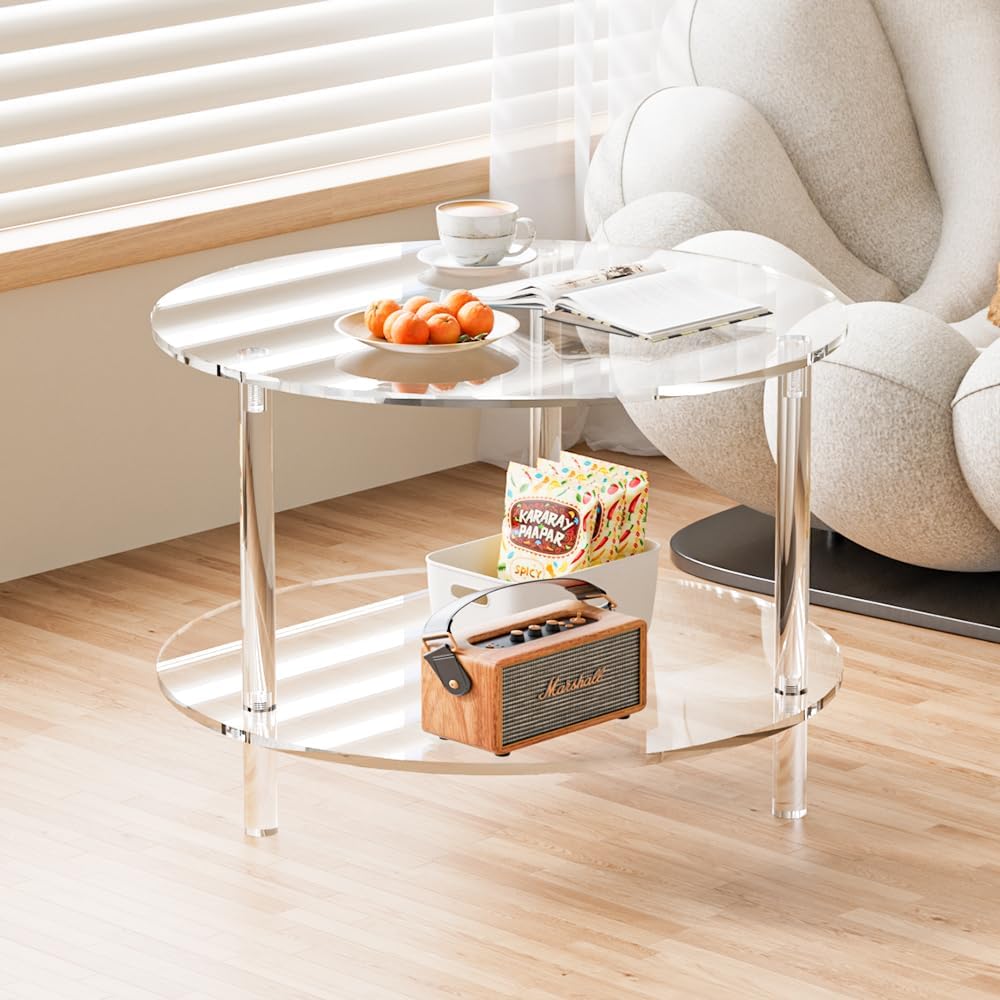 Modern Acrylic Coffee Table with 2-Tier Storage, Round Durable Lucite Coffee Table, Clear Center Table for Living Rooms, Apartments, and Offices, Easy Assembly, 23.6" D x 23.6" W x 16.5" H