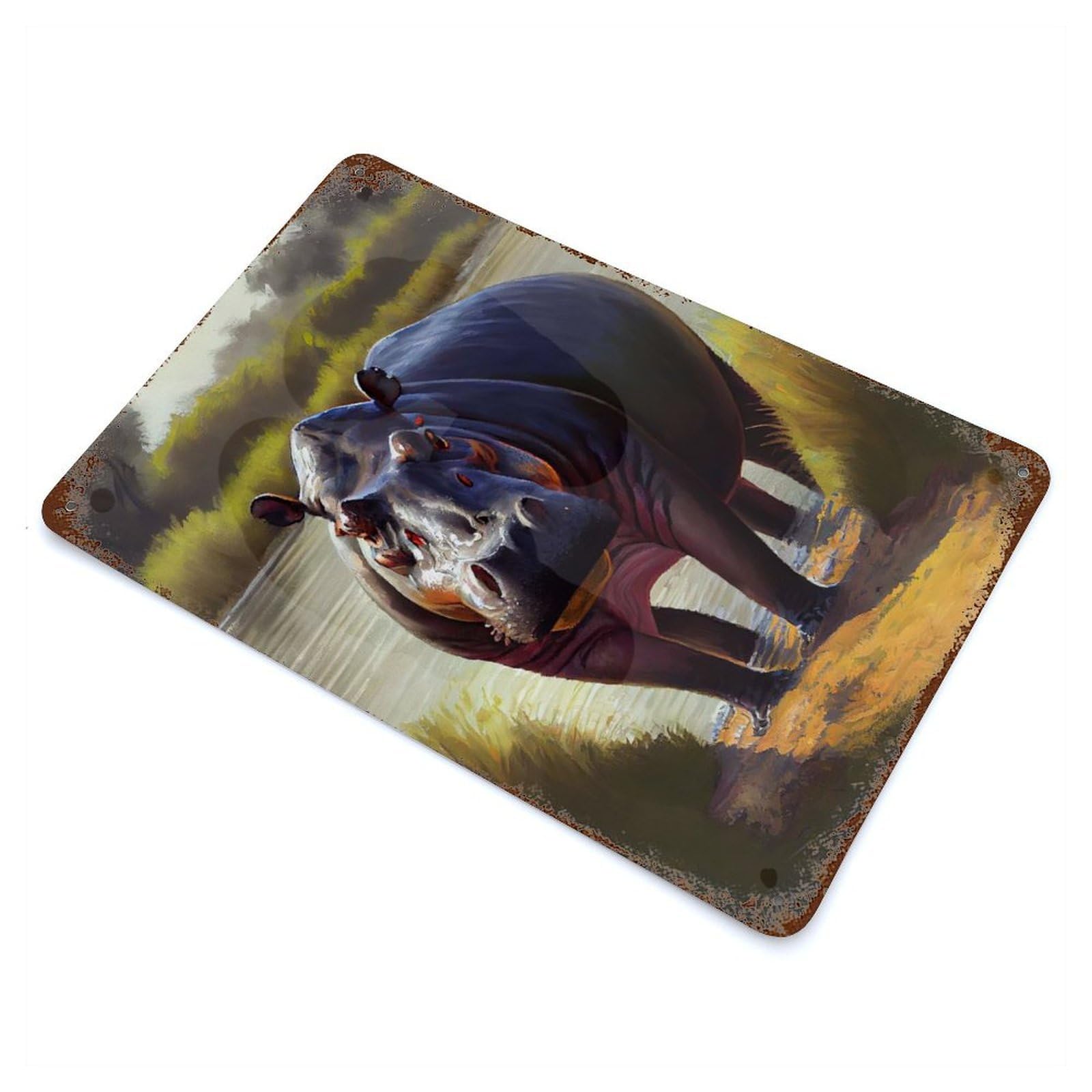 Rusty Metal Tin Sign with Savanna Hippo Oil Paint Design 11.8"x7.9", for Garage, Bar And Workshop Decor, Decorative Metal Wall Art