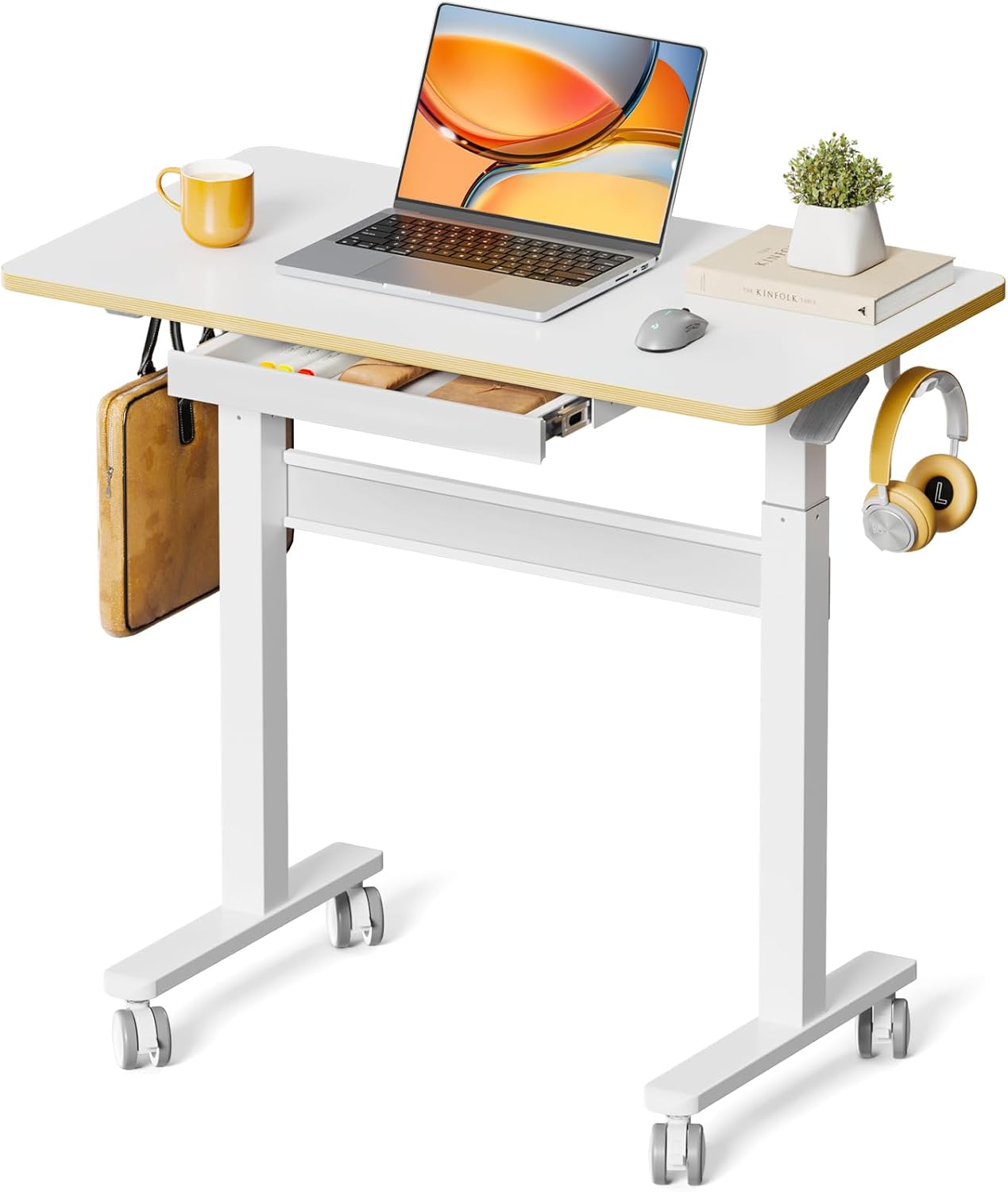 JOY worker Mobile Standing Desk, 35In Small Height Adjustable Desk with Drawer, Rolling Treadmill Desk Workstation with Wheels, Portable Walking Pad Table for Home Office, White