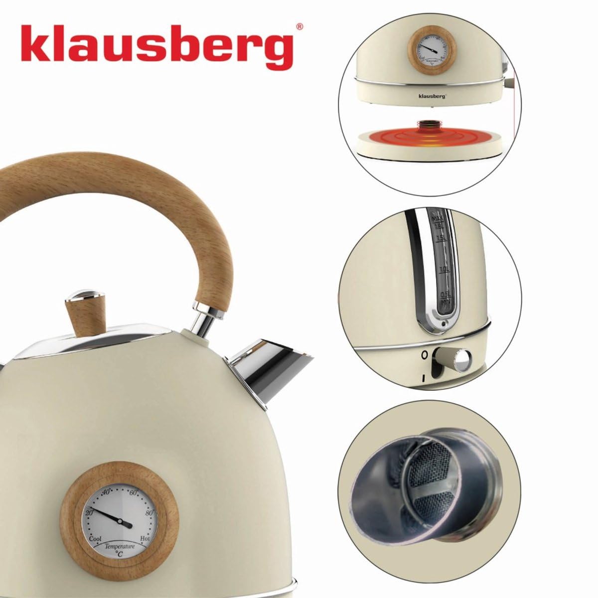 Klausberg Bouilloire Thermomètre Retro 1,8 Litre, Crème, Acier Inoxydable 304, 1850-2200 W