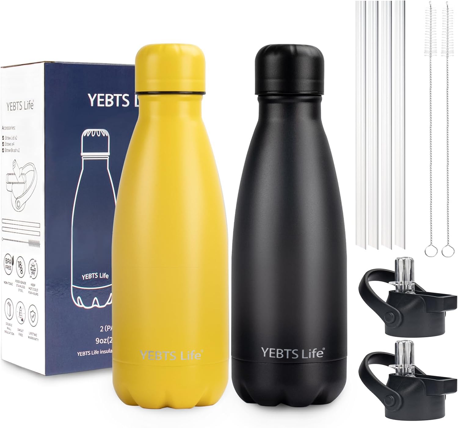 Botella de agua aislada, paquete de 2 botellas de agua de acero inoxidable de 9 onzas con tapa de popote, termo deportivo de metal para niños, niñas, termo de doble pared al vacío sin BPA para la