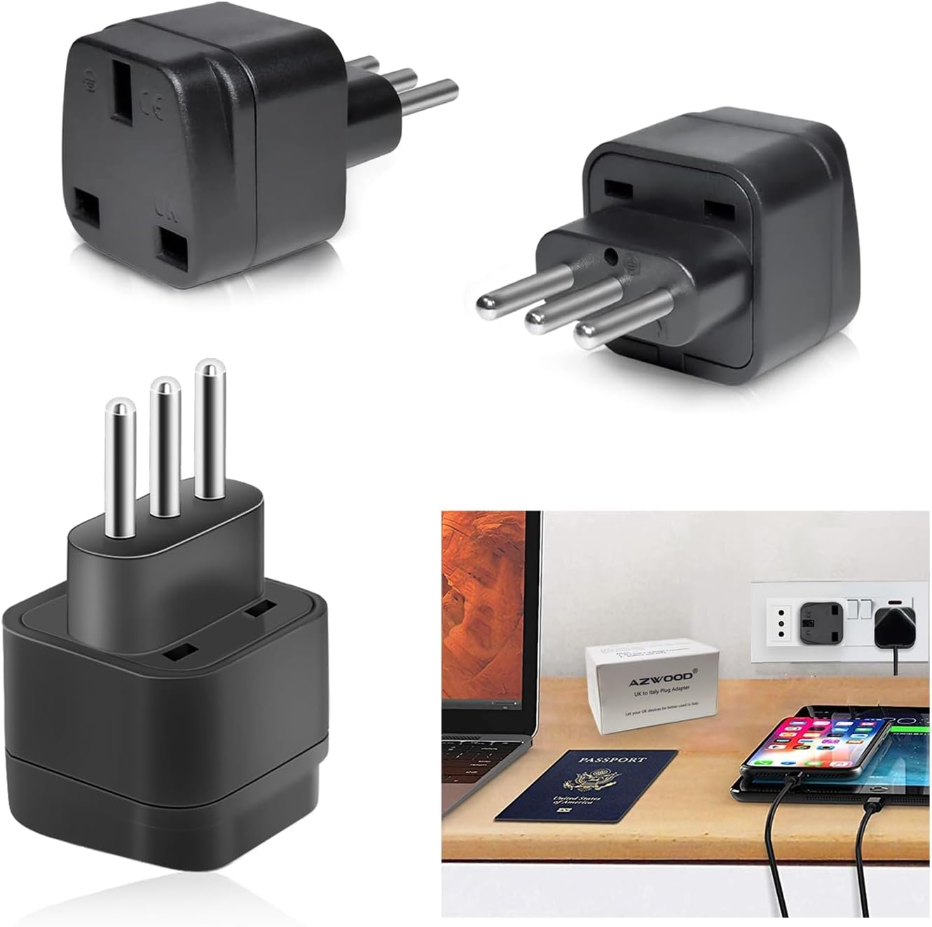 AZWOOD UK to Italy Plug Adapter, UK to 3 pin Italy Travel Adaptor