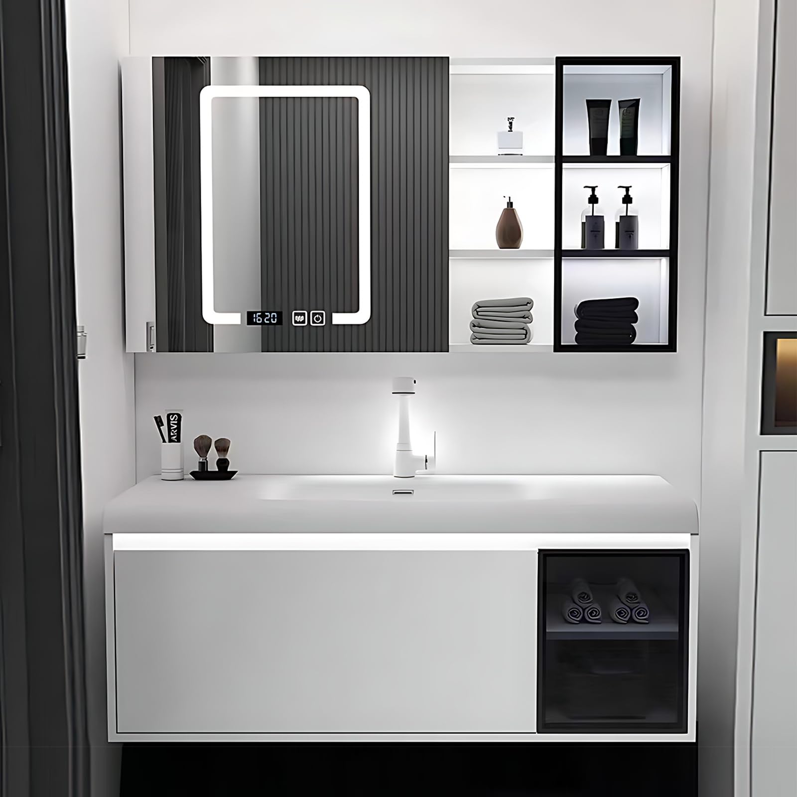High QLOHigh QLO Bathroom Vanity – Floating Bathroom Vanity with Sink Paired with LED Lighting Mirrors and Bathroom Cabinet Glass Doors and Ceramic Countertops (40IN)