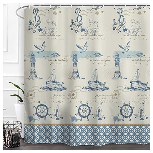 Baccessor Sea Ocean Shower Curtain Nautical Sail Boat Anchor Compass Seagull Vintage Navy Blue Waterproof Fabric Bathroom Decor with Hooks, 72 x 72 Inch