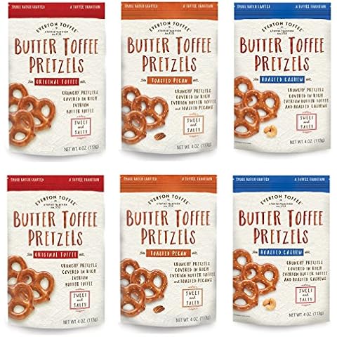 Everton Toffee Butter Toffee Pretzels, Variety Pack (4 oz. bag, 6-pack). Gourmet Artisan Toffee Covered Pretzels, Sweet and Salty Mini Pretzel Snacks, Small Batch Crafted Cover