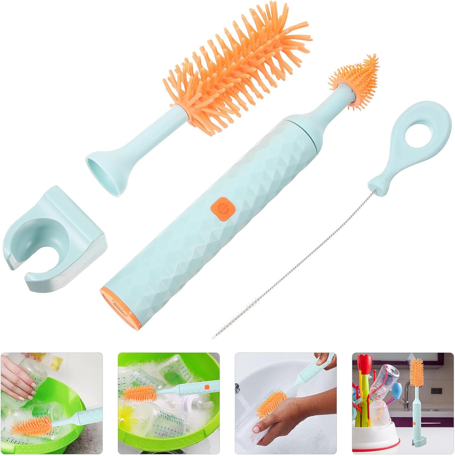 Electric Rotatable Bottle Brush Set with Long Handle Silicone Bristles