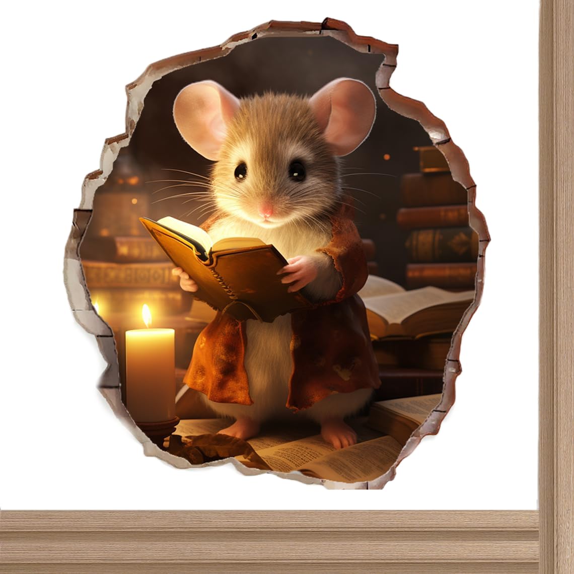 2X Mouse Hole 3D Stickers - Reading Book Design, Handmade Wall Clings, Murals, Home & Kids Room Decor, Gift Idea