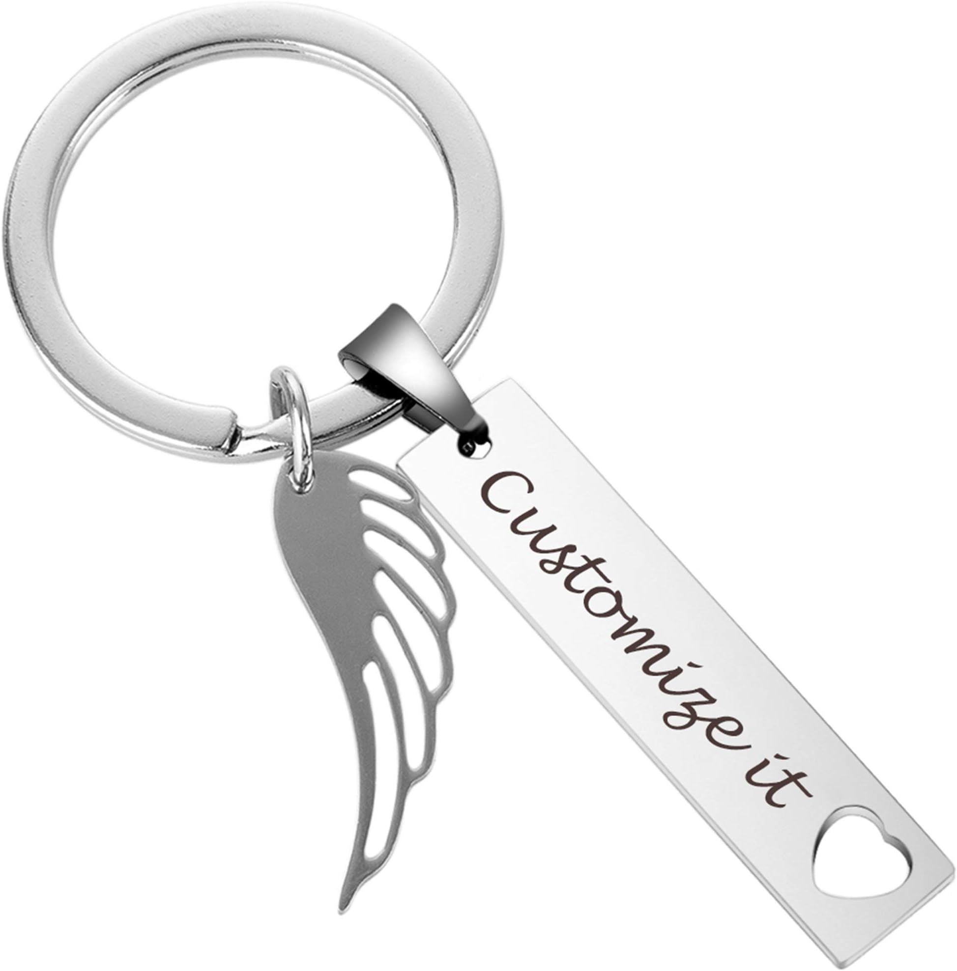 Fanery Sue Personalized Custom Rectangular Name Keychain Hollow Heart Angel Wing Key Tags Keyring Engraved Message ID Tag(Silver)