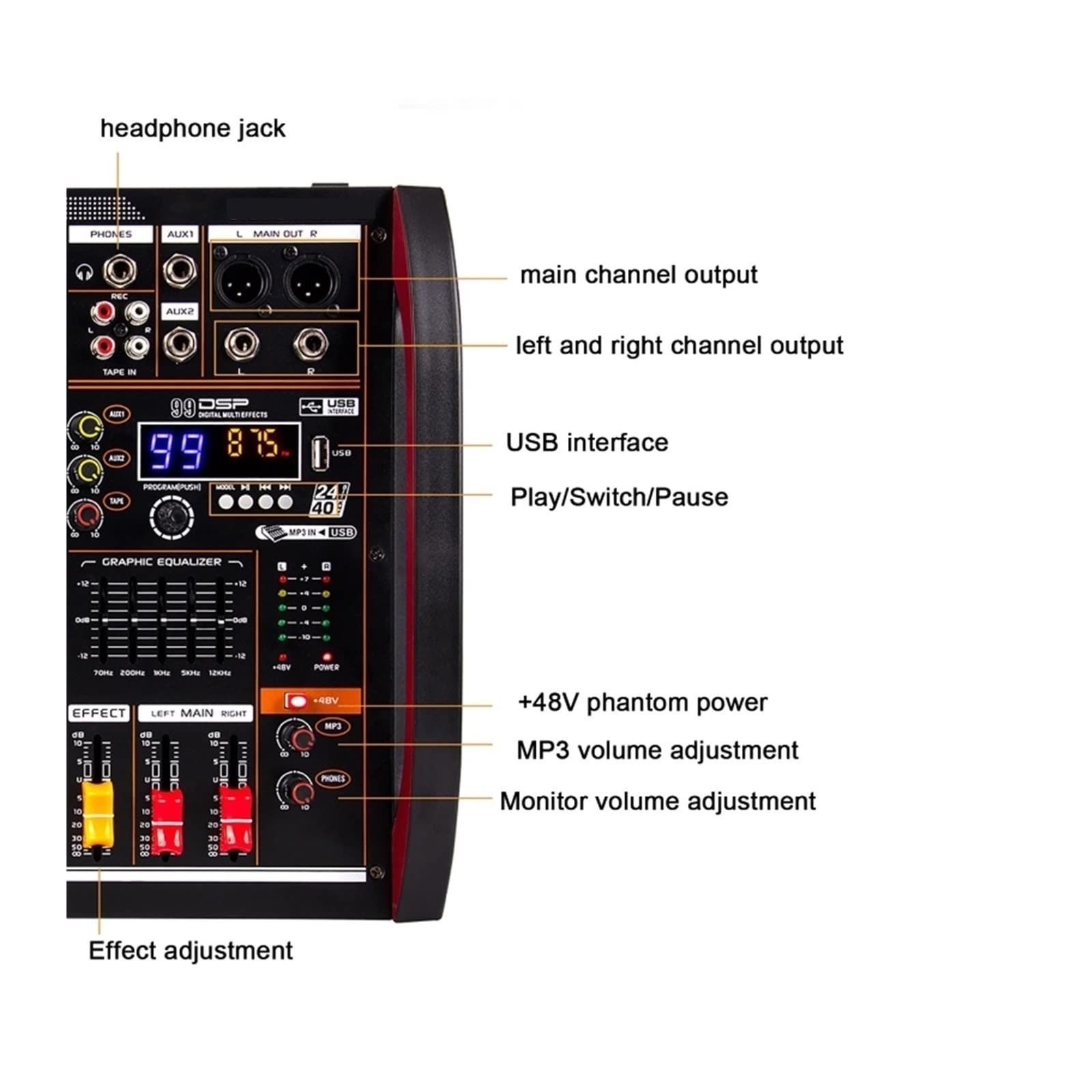 Mezclador de DJ, Mezclador Digital de 8 canales, consola mezcladora, USB, potencia ordenador, transmisión en vivo, grabación, equipo DJ profesional