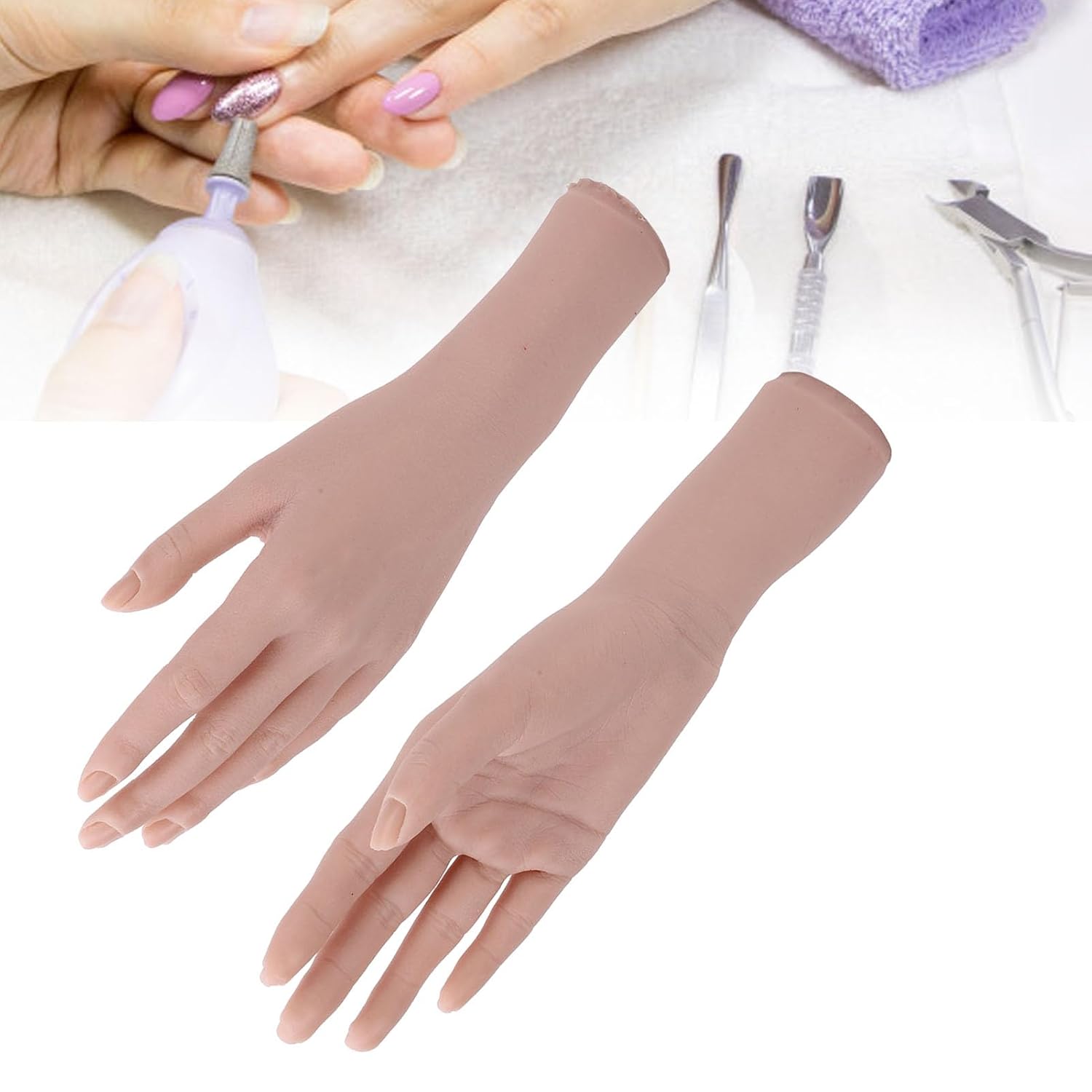 1 Pair Silicone Female Hand Model, Bendable Reusable Mannequin Hand for Nail Art Practice, Soft Lifelike Display Hand with Realistic Lines for Painting and Ring Display