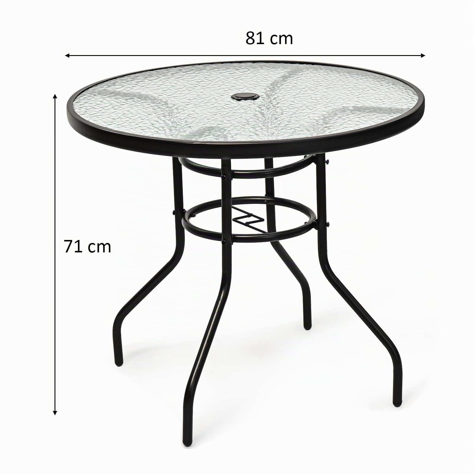 GYMAX 80 cm de Diámetro, Resistente a la Intemperie con Agujero para Sombrilla, Mesa de Jardín con Tablero de Cristal y Estructura de Metal, Mesa Redonda para Balcón, Terraza, Jardín