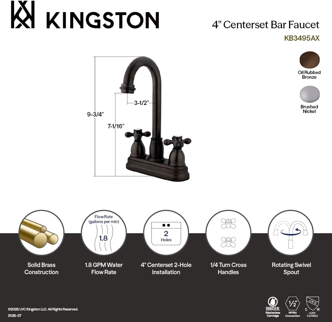 Kingston Brass KB3495AX Restoration Bar Faucet, 3-3/4-Inch, Oil Rubbed Bronze