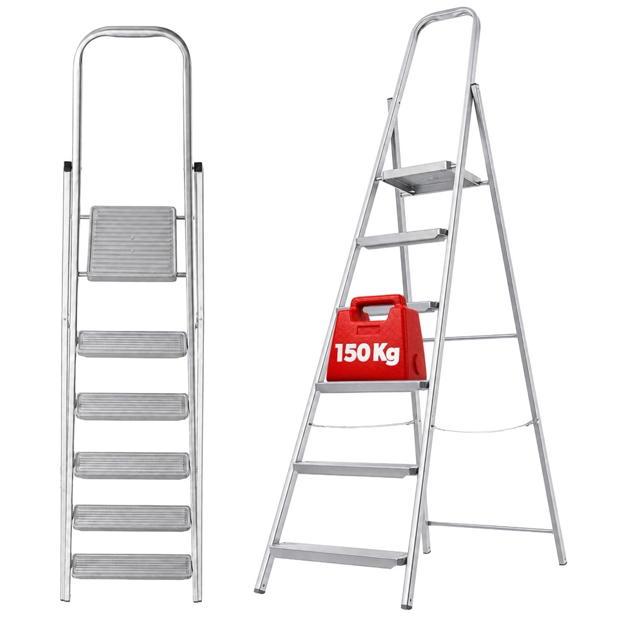 KADAX Escabeau Acier 6 marches Simple Cote | Pliable Pieds antiderapants | avec Etagere | marches Larges | jusqu'a 150kg
