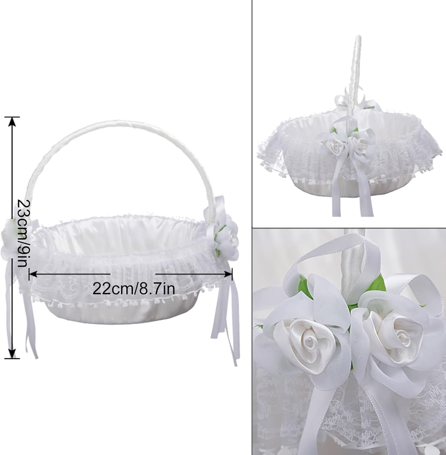 IUIBMI White Wedding Flower Girl Baskets Set of 2 with Swingable Handle, Lace and Artificial Flowers, Satin Bowknot Fairy Flower Baskets, Large Wedding Baskets for Flower Girls Wedding Ceremony, 2pcs