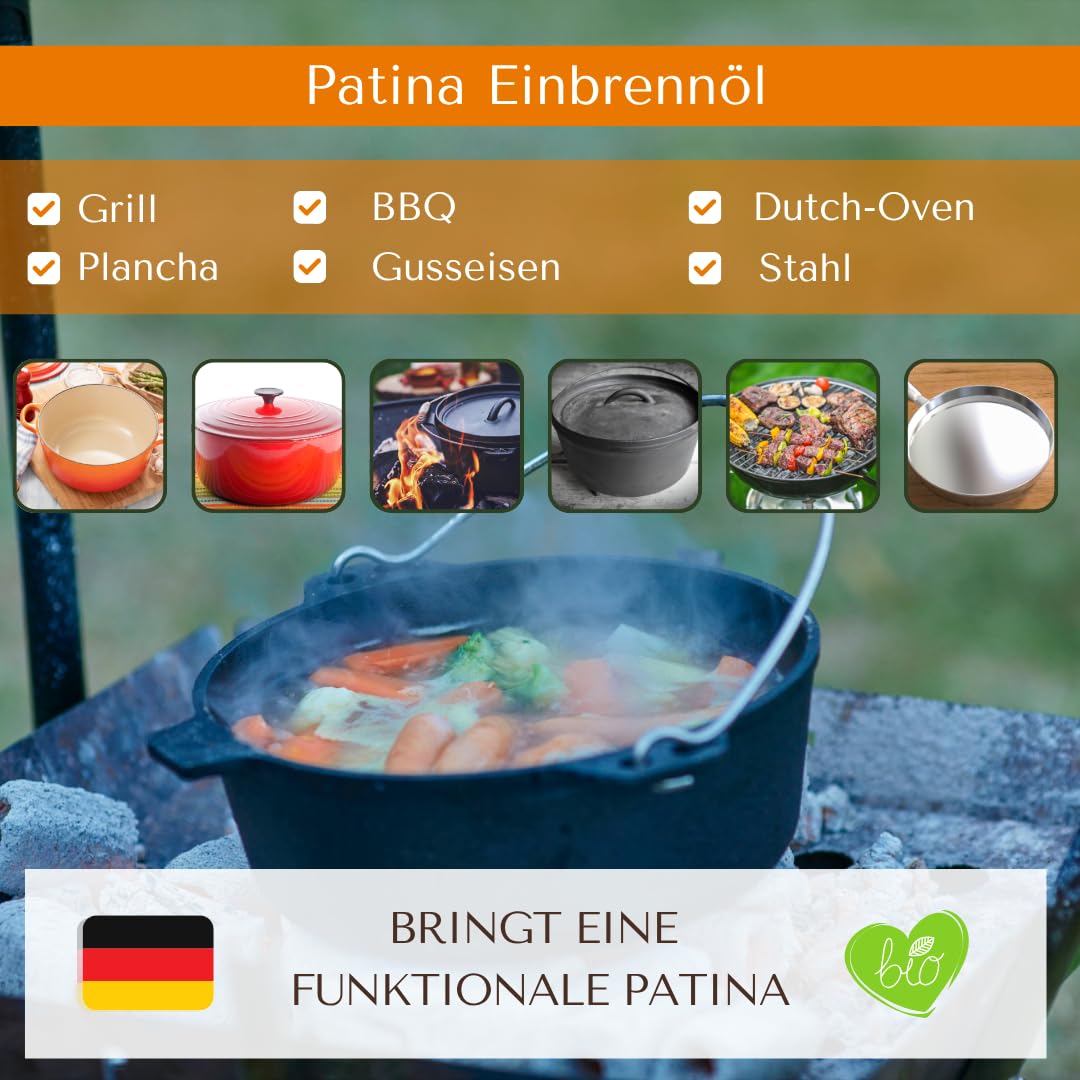 BIO Einbrenn‑ & Patina Öl „Sizzle Shield“ - Nachhaltige Gussrost Pflege - Premium Dutch Oven Zubehör - Patinaöl für Smoker & BBQ - Grill Gusseisen Pflege aus Deutschland (500ml)