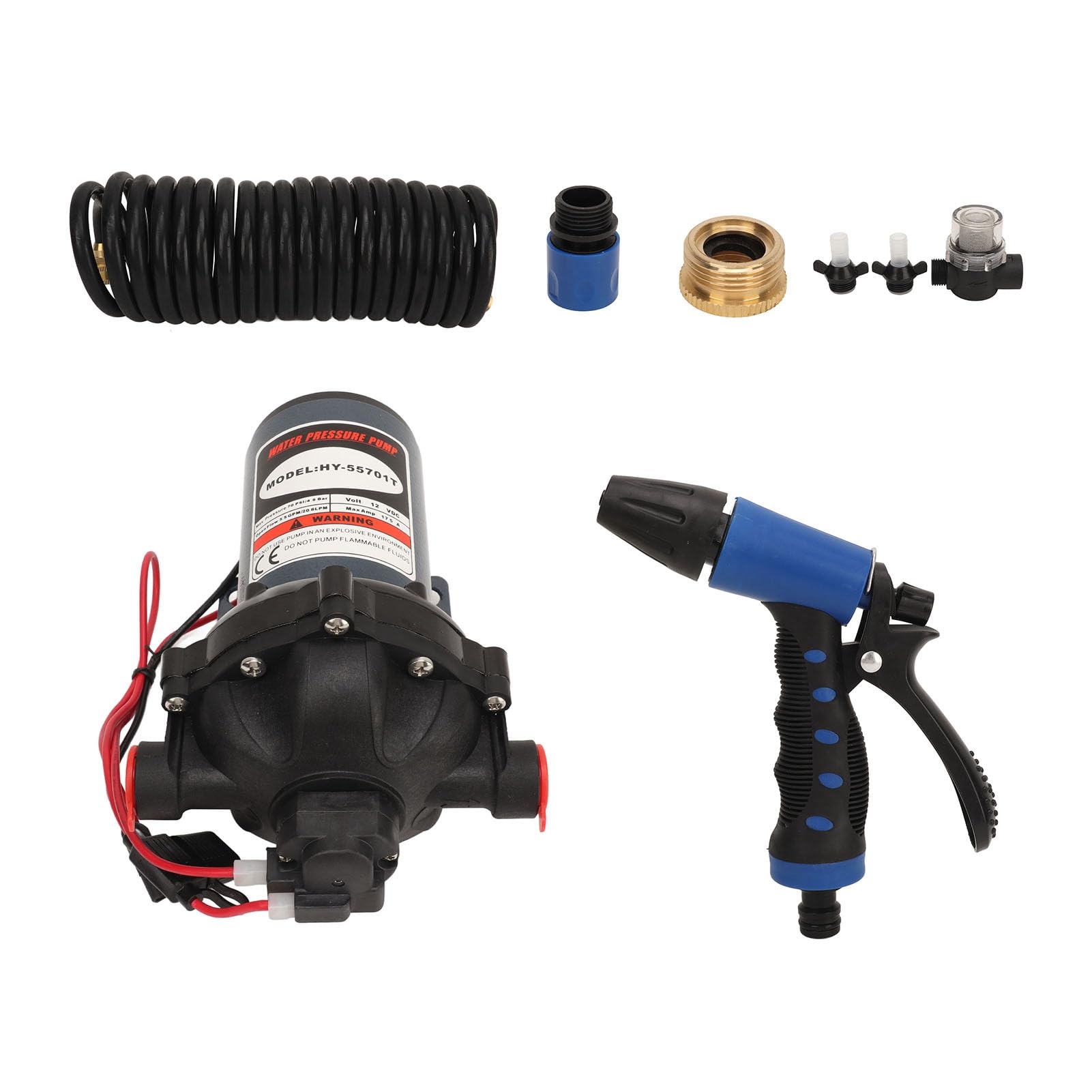 Kit pompa washdown 12V DC ad alta pressione dell'acqua 5,5 GPM per pulizia industriale pesante, stampa 70 PSI, design portatile, include tubo da 6 M