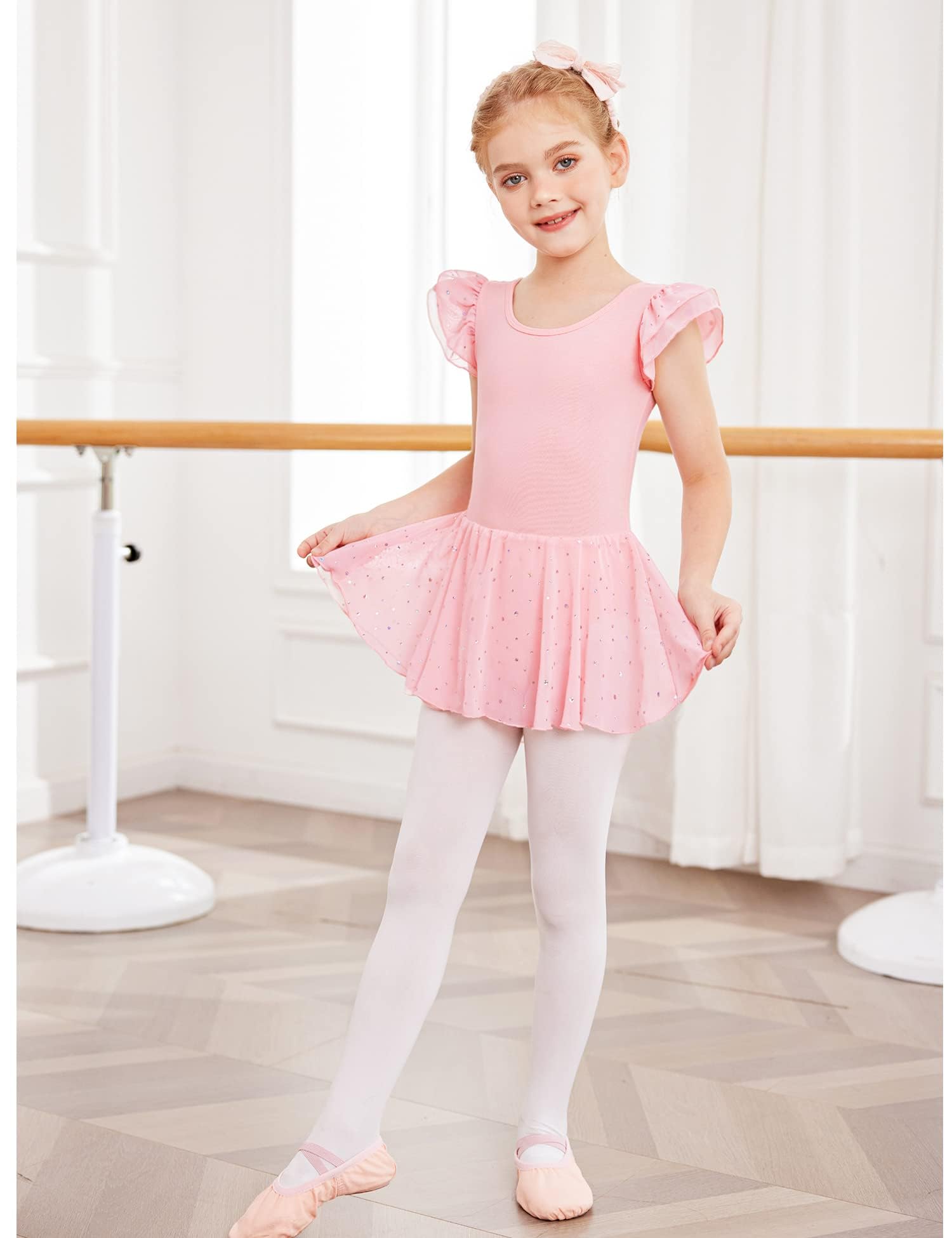 Trudge Ropa de Ballet para Niñas - Vestido Manga Corta de Algodón con Leotardo y Falda Tutú - Traje de Baile