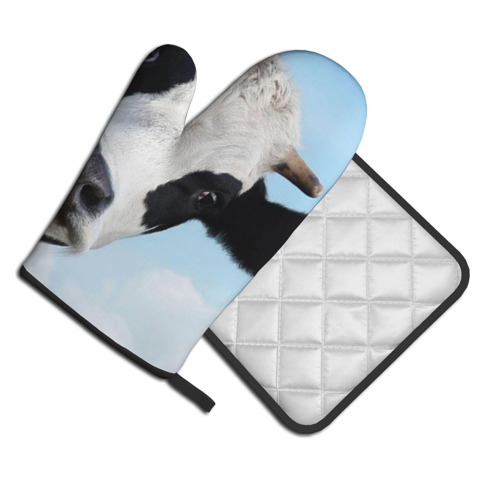 Oven Mitts and Pot Holders Set of 2 Pcs, Cow Patterns Printed Heat Resistant Kitchen Gloves Potholders for Cooking Baking Grilling