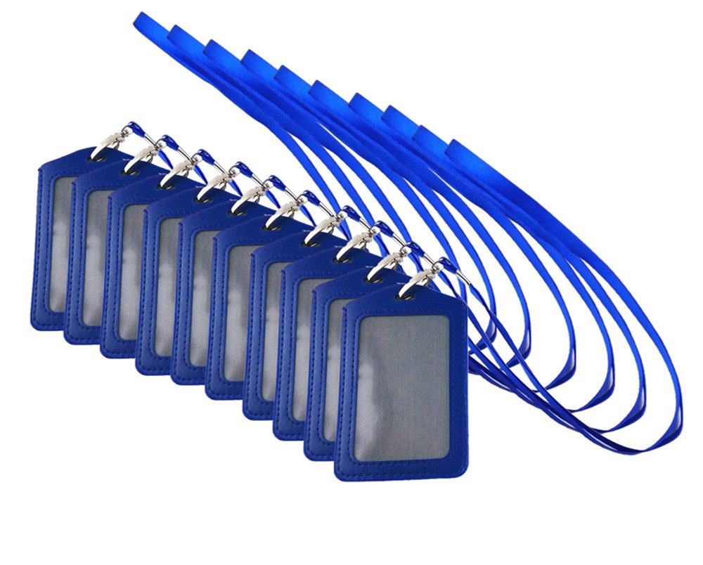 yueton 10pcs Vertical Style Leather Business ID Badge Card Holder, Name Card Business Card Holder Tag with Long Neck Strap Band Lanyard (Blue)