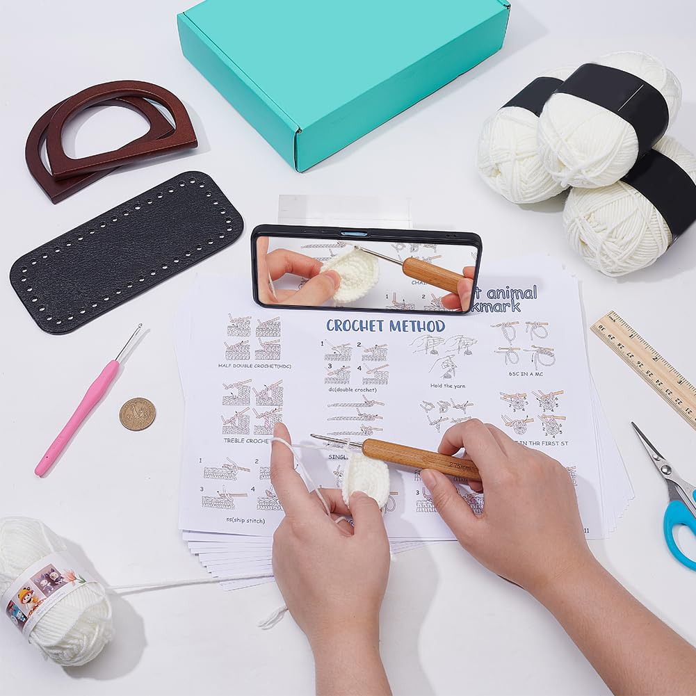 FREEBLOSS Kit all'uncinetto per principianti Borsa tote nera all'uncinetto con manici in legno Borsa nera all'uncinetto Kit di avviamento all'uncinetto con tutorial video passo passo Kit per lavoro a