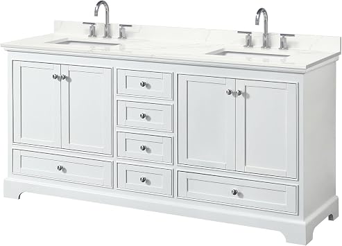 Wyndham Collection Deborah 72" Double Bathroom Vanity in White with Giotto Quartz Countertop, Undermount Square Sinks 3-Hole, Polished Chrome Trims