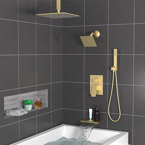 Miniatura 45 de Enga Sistema de ducha de lluvia de oro cepillado con chorros corporales, sistema de chorros de ducha de lluvia de 12 pulgadas, juego de grifo de Oro