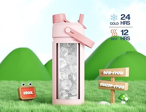 Miniatura 5 de POWCAN - Botella de agua con aislamiento de 18 onzas, con tapa de boquilla y pajilla 2 en 1, fría 24 horas, a prueba de fugas, apta para portavasos