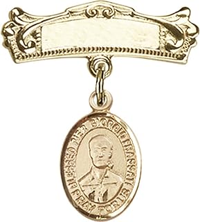 Gold Filled Baby Badge with Blessed Pier Giorgio Frassati Charm and Arched Polished Badge Pin 7/8 X 3/4 inches