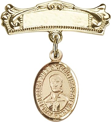 14kt Yellow Gold Baby Badge with Blessed Pier Giorgio Frassati Charm and Arched Polished Badge Pin 7/8 X 3/4 inches
