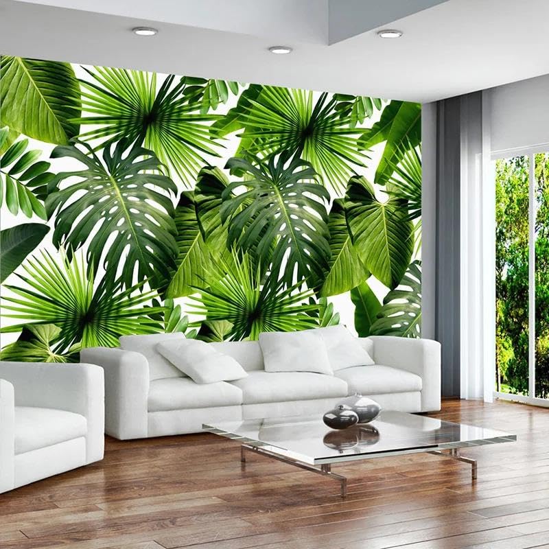 Papier peint 3D feuilles vertes pour un fond de mur salon style jungle urbaine