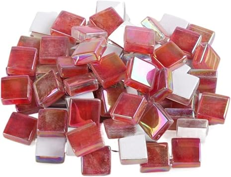 Mosaic Tiles Square Crystal Glass Crystal Mosaic Glass Tile for Crafts Bulk DIY Picture Frames Handmade Jewelry Coasters Art Material Decoration,1x1 cm, 100pcs/100g Iridescent Red
