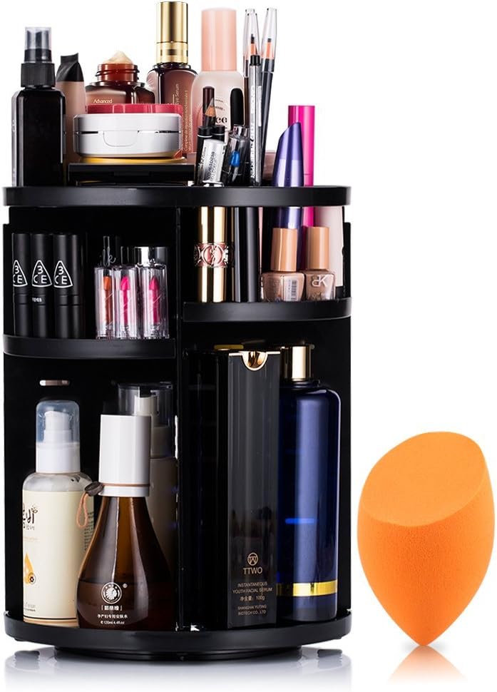 360 Degree Rotating Makeup Organizer for Birthday Gifts - Extra Large Capacity Adjustable Multifunctional Cosmetic Storage Box - Fit for Skin Care, Makeup Brushes, Makeup Sponges (Black)