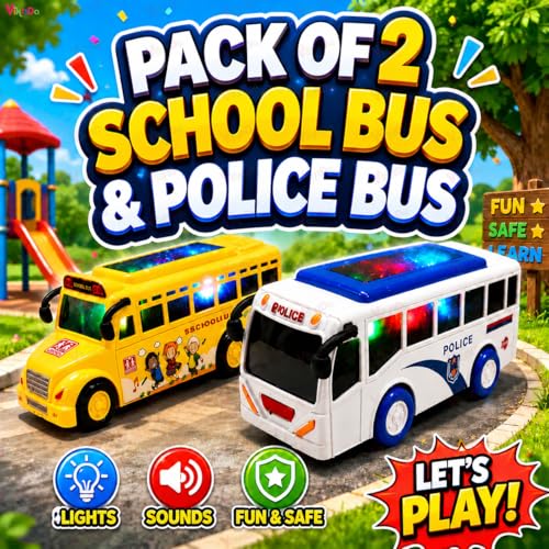 Image of Vikrida Friction Powered Police and School Bus Toy for Kids | Light & Sound Battery Operated Vehicle with LED Effects - Combo Pack of 2 Pcs