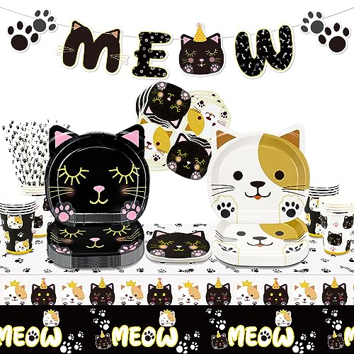 XJLANTTE 107 Pcs Cat Birthday Party Decorations - Including Cat Plates, Napkins, Cups, Tablecloth, MEOW Banner, and Paper Straws for Pet Cat Themed Birthday Party Supplies, Serve 20 Guests