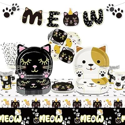 XJLANTTE 107 piezas de decoraciones para fiestas de cumpleaños de gatos, que incluyen platos para gatos, vasos, mantel, pancarta MEOW para suministros de fiesta de cumpleaños con temática de gatos | Ya disponible en tu tienda friki favorita! En mundofriki.es!