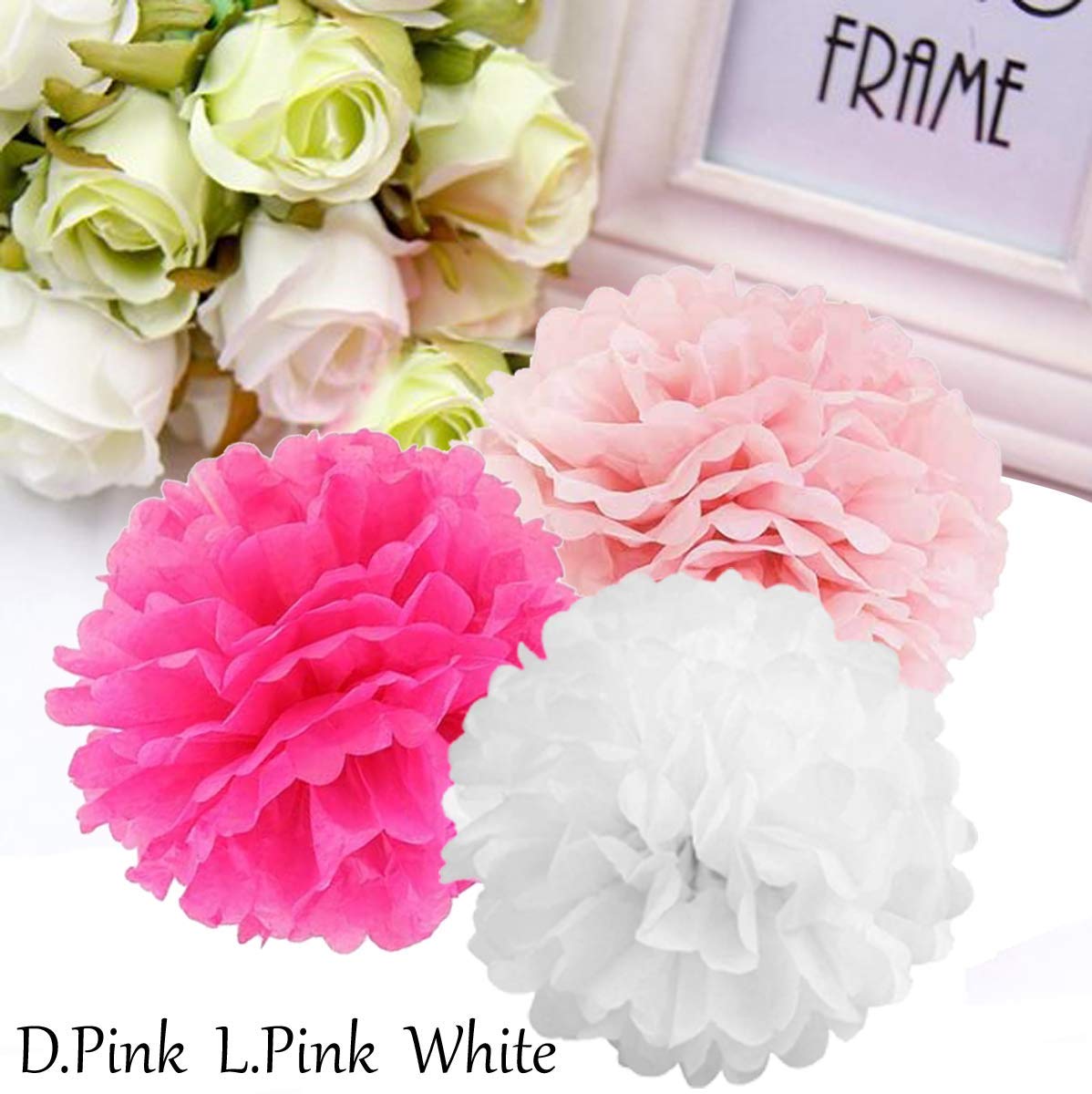 AMFIN® 9 Pcs. 10" Tissue Paper Pom Pom Flower Balls for Birthday Wedding Party Anniversary Welcome Baby Shower Decorations - Dark Pink, Light Pink & White 3