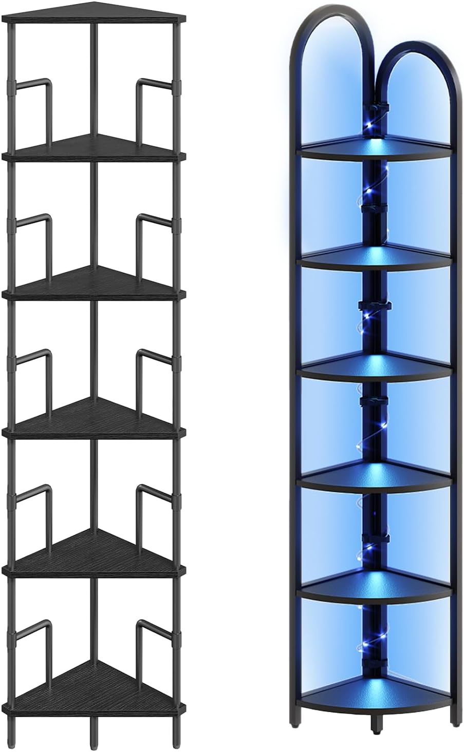 Corner Bookshelf and Corner Shelf with LED Light Bundle, Small Plant Stand, for Living Room, Bedroom, Small Spaces, CSBK6601-CSBK66101