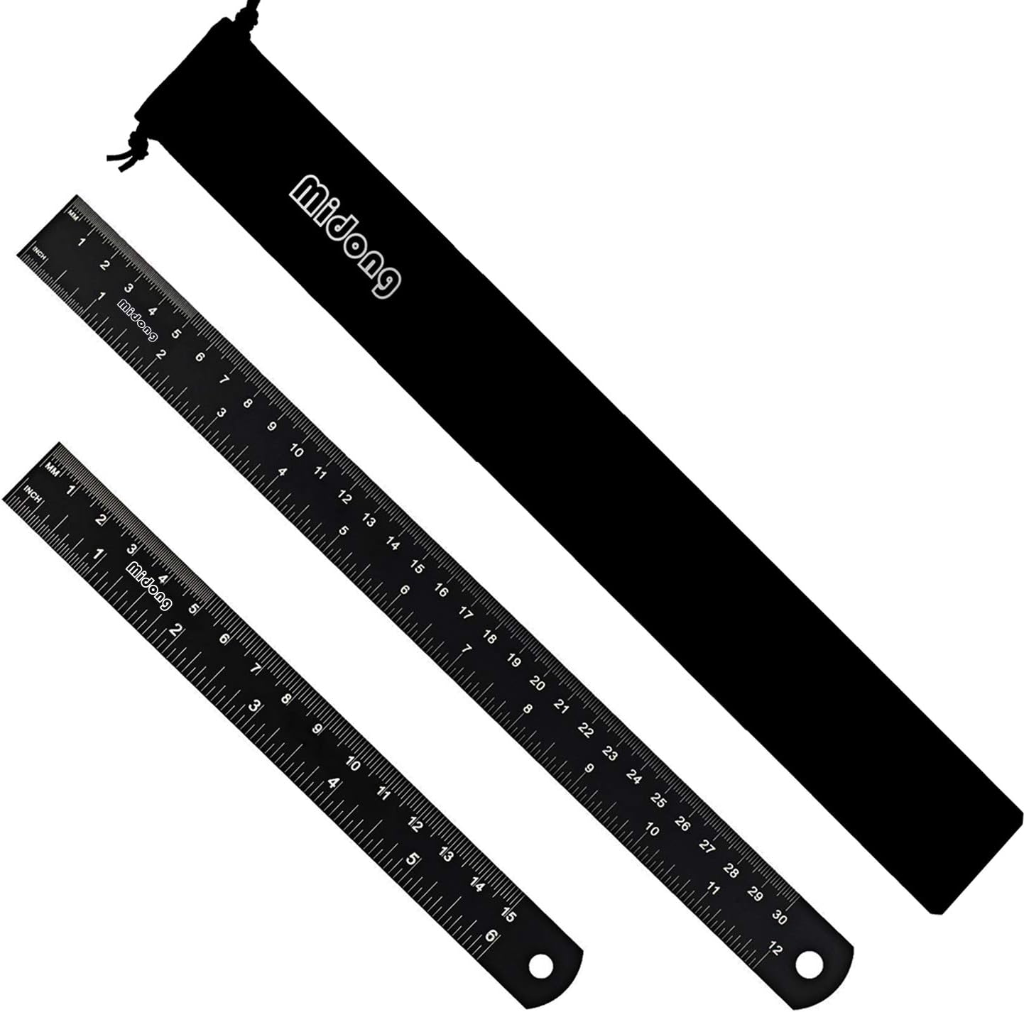 Metal Ruler, Midong 30cm(12inch) and 15cm(6inch) Laser Etched Steel Ruler Set with Conversion Table 2 Pack (Black)