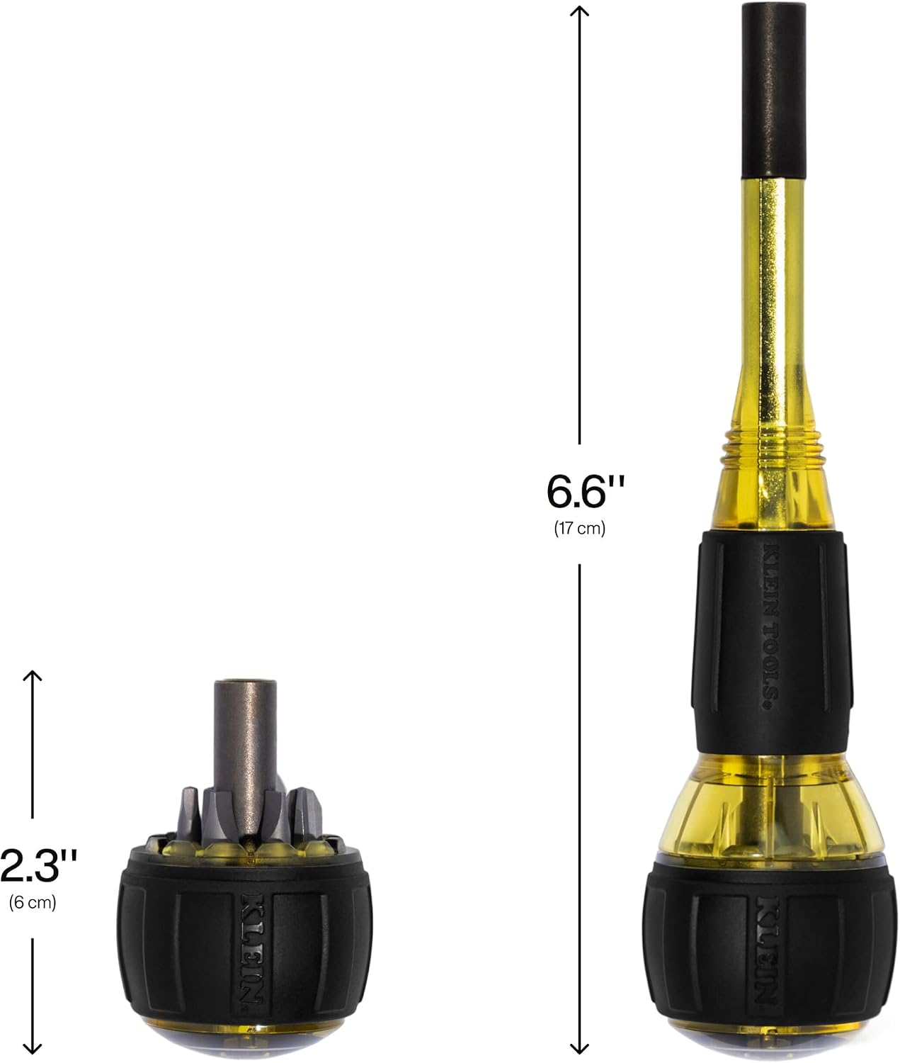 Klein Tools 32961A 8-in-1 Tru-Grip Screwdriver with Stubby, Phillips, Slotted, Square Tips, 1/4-Inch Nut Driver, Rare-Earth Magnet, 6-Bit Storage, Ball-Style Handle