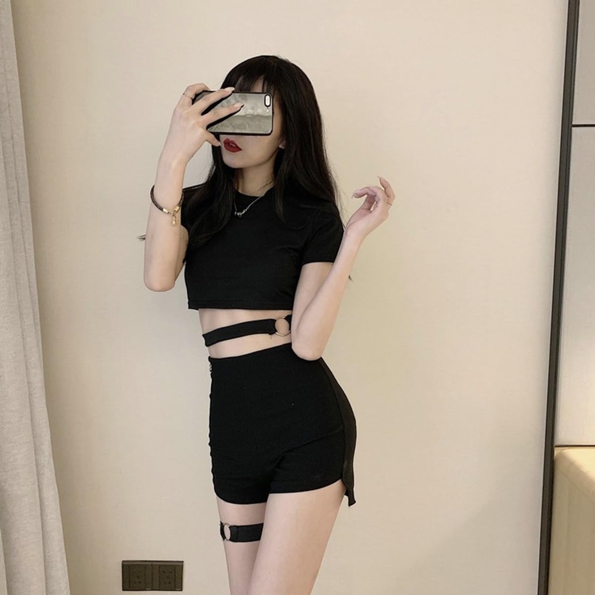 GK-O Punk Gothic Skirt Set for Women 3-Piece Plaid Skirt Belt and Shorts High Waist Outfit