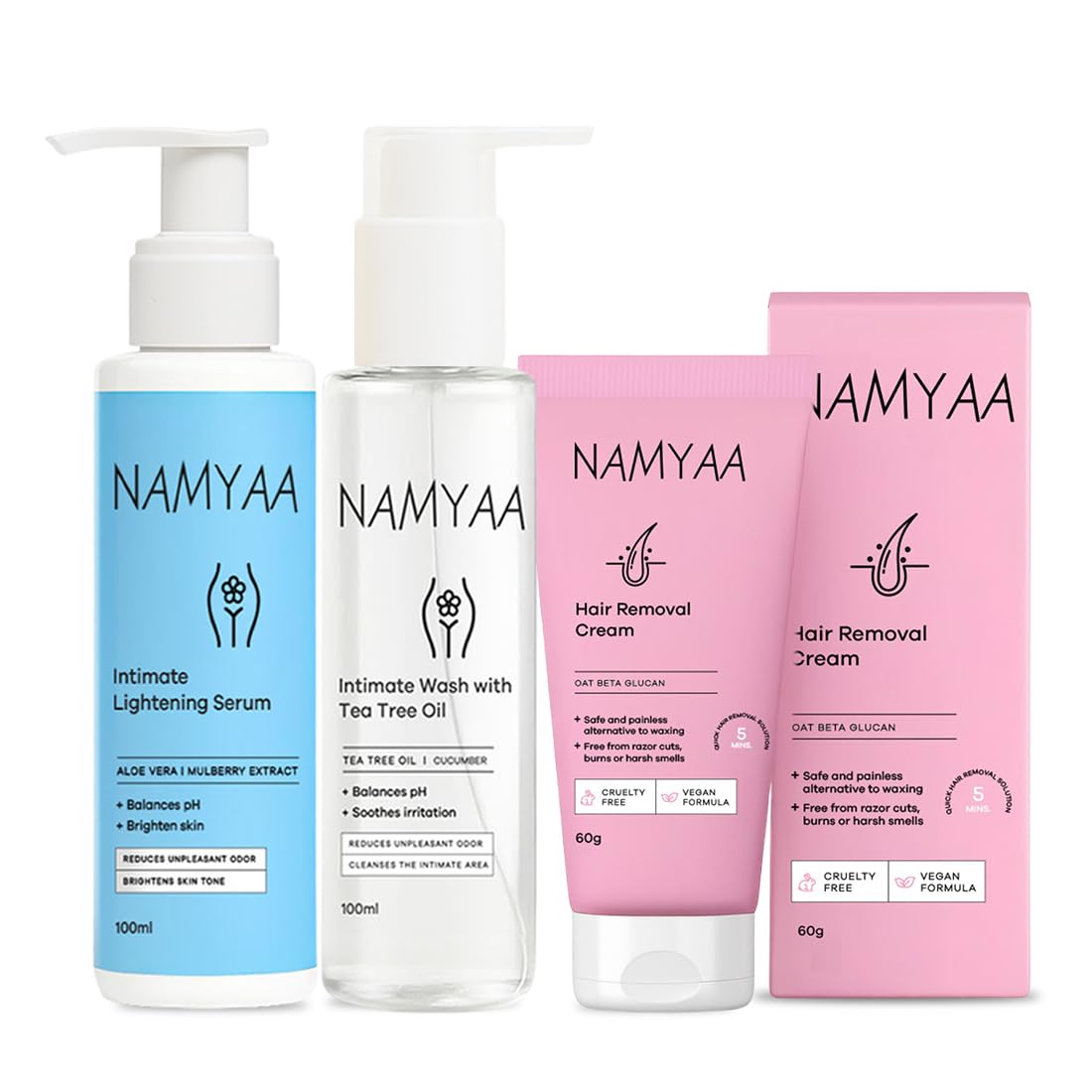 Namyaa Intimate Care Kit- Intimate Lightening Serum, Intimate Wash, Bikini Line Hair Removal Cream | Set of 3