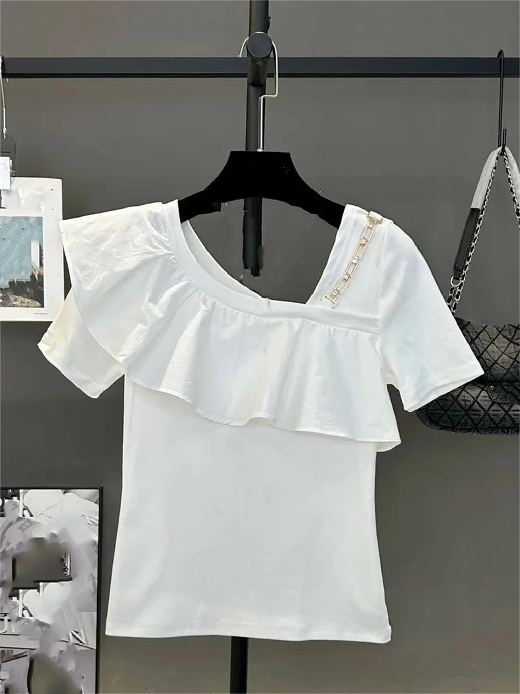 T-shirt à manches courtes en coton patchwork pour femme - Couleur unie