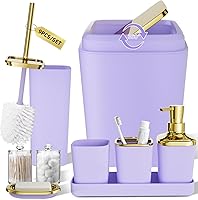 Vista 32 de Juego de accesorios de baño rosa, de plástico, con bandeja, dispensador de jabón, portacepillos de dientes, vaso, jabonera, cepillo para inodoro